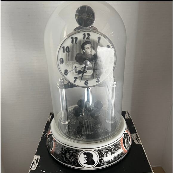 ELVIS PRESLEY Silver Anniversary Clock Porcelain Base Rotate Glass Dome - Picture 2 of 11